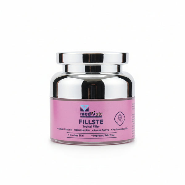 Close-up of Mediste Fillste Topical Filler 30gm jar with silver cap, featuring Copper Peptide and Hyaluronic Acid for skin soothing and tone improvement.