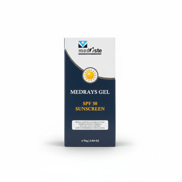 Front view of Medrays SPF 50 Broad Spectrum Water-Resistant Sunscreen Gel tube.