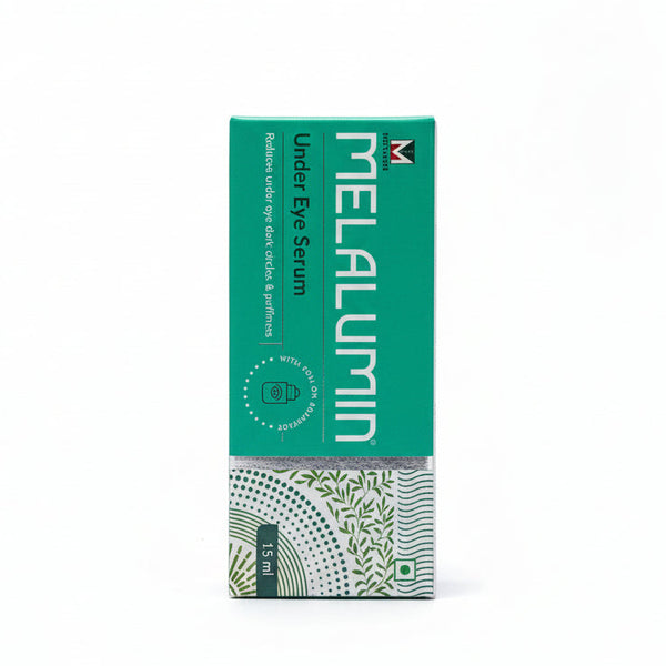 Front view of Melalumin Under Eye Serum bottle with roll-on applicator for dark circles.