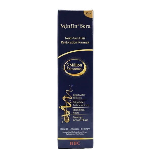 Front view of dark blue Minfin Sera Advanced Hair Revitalizing Serum 50ml highlighting Procapil, Anagain, and Redensyl key ingredients.