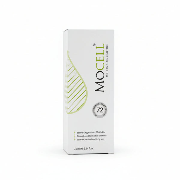 Front view of Mocell Moisturizing Lotion 75ml with 72-hour hydration claim.