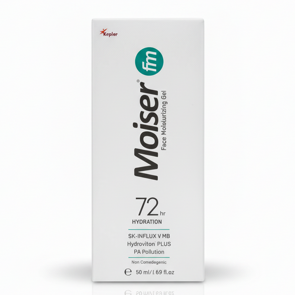 Front view of Moiser FM Face Moisturizing Gel 50ml for 72-hour hydration.
