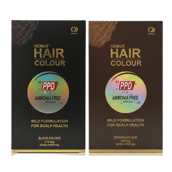 Two boxes of Nemus Hair Colour with black and brown packaging on a white background.