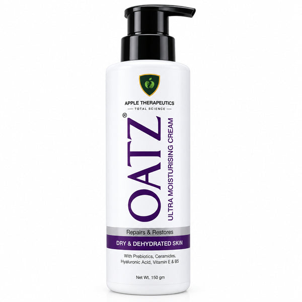 Front pump bottle view of OATZ Ultra Moisturising Cream 150g by Apple Therapeutics showing prebiotics, ceramides, hyaluronic acid, and vitamins E and B5 key features.