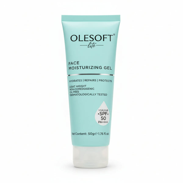 Front view of Olesoft Lite Face Moisturizing Gel SPF 50 PA++++ 50g tube.