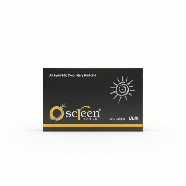 Front view of Oscreen Tablet box, an Ayurvedic proprietary medicine for skin.