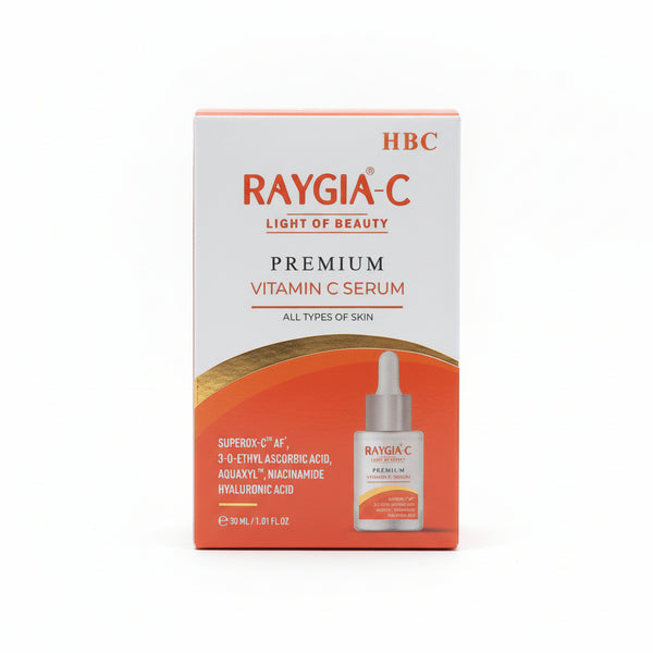Front packaging of Raygia-C Premium Vitamin C Serum for skin brightening.