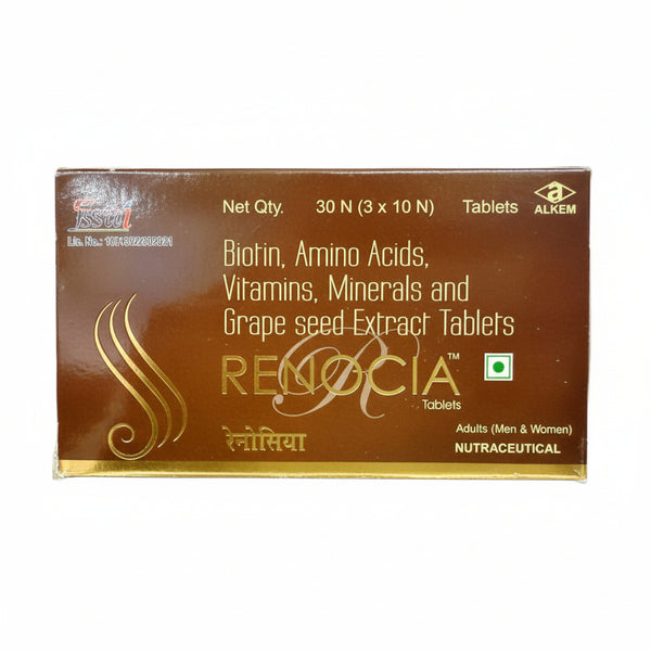 Front view of Renocia Tablet strip for hair growth and hair fall control.