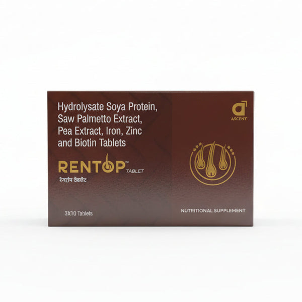 Front view of Rentop Tablet strip/box containing 30 tablets for hair nourishment.