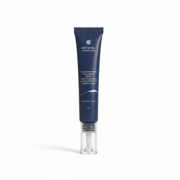 Front view of Reteye+ Under Eye Cream 15g tube with encapsulated retinol and caffeine.
