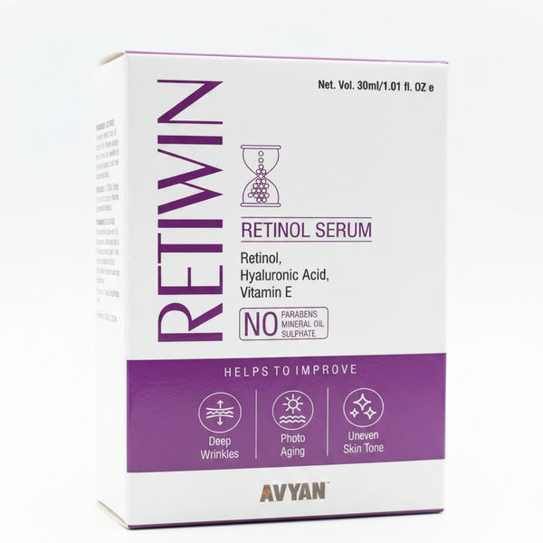 Close-up of RETIWIN Face Serum bottle featuring Retinol and Bakuchiol for anti-aging and skin renewal, displayed against a clean, professional background.