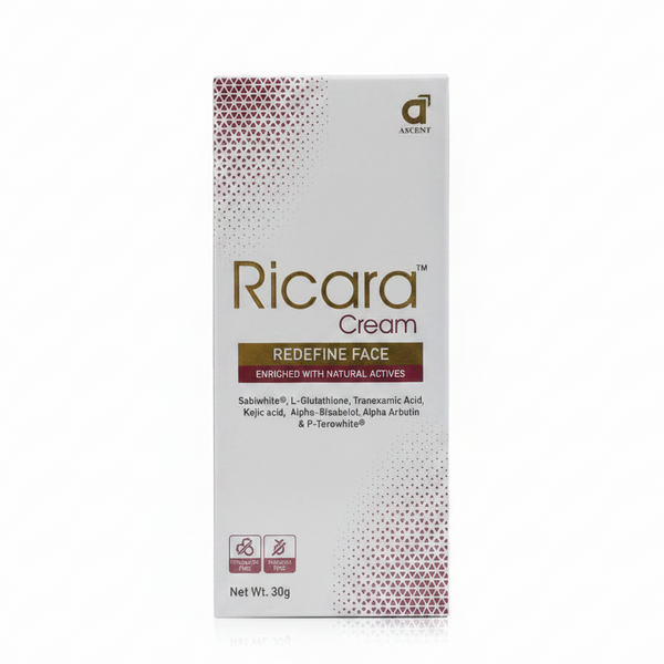 Front view of white outer box of Ricara Cream Redefine Face 30g by Ascent Dermaceuticals showcasing natural actives.