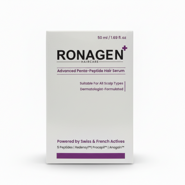 Front packaging of Ronagen Haircare Penta-Peptide Hair Serum, 50ml bottle.