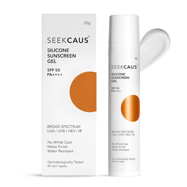 Seekcaus Silicone Sunscreen Gel 50g pump bottle packaging standing next to its outer retail box showing broad spectrum UVA, UVB, HEV, and IR defense features.
