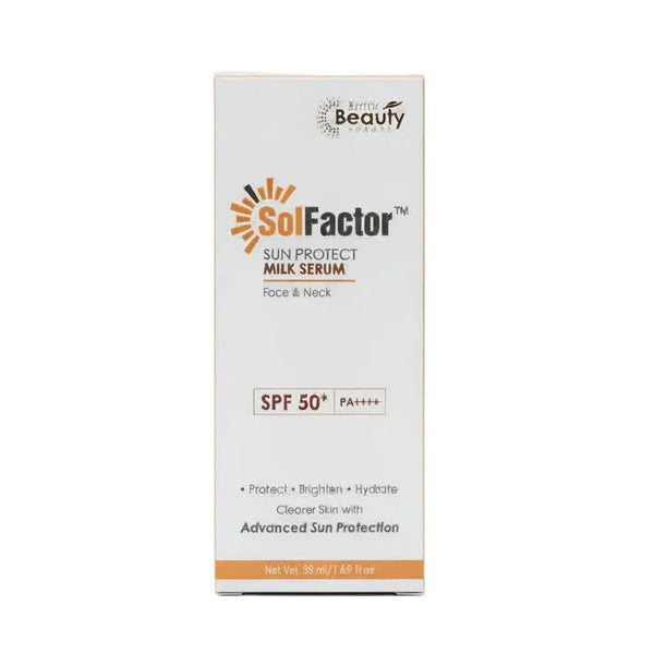 Front view of Solfactor Sun Protect Milk Serum Sunscreen SPF 50+ PA++++ bottle.