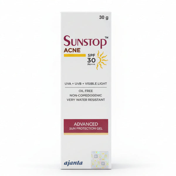Front view of Sunstop Acne Advanced Sun Protection Gel SPF 30 tube by Ajanta Pharma.