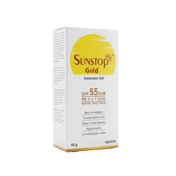 Front packaging of Sunstop Gold SPF 55 Sunscreen Gel showing the 50g tube.