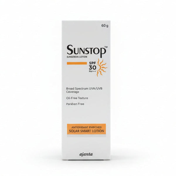 Front view of Sunstop SPF 30 Sunscreen Lotion bottle for broad-spectrum protection.