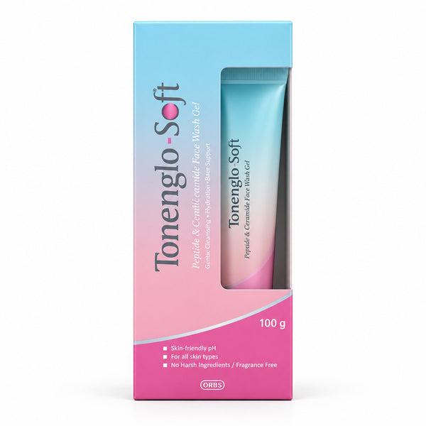 Outer packaging box of Tonenglo Soft Advanced Peptide and Ceramide Face Wash Gel 100g by Intas.