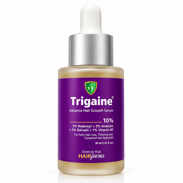 rigaine Advance Hair Growth Serum 30ml glass bottle with dropper applicator shown against purple label packaging.