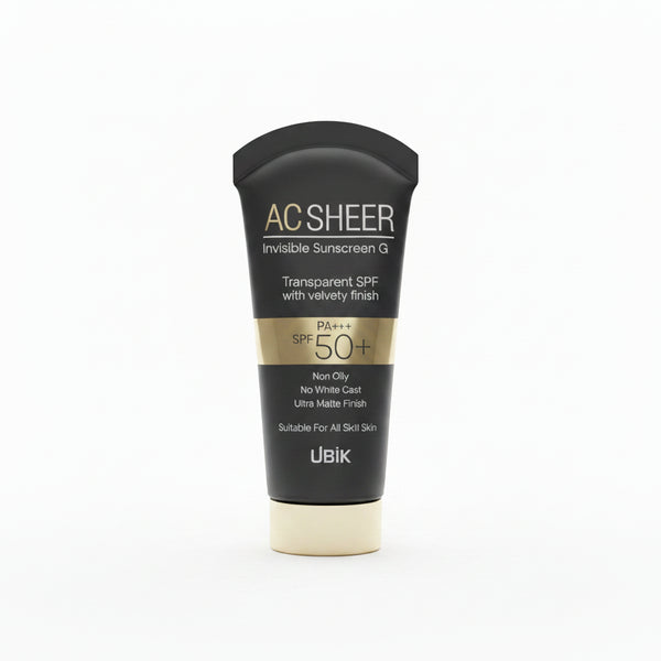 Front view of the matte black UBIK AC SHEER Invisible Sunscreen Gel tube showcasing gold accents, SPF 50 plus PA triple plus text, and product benefits.
