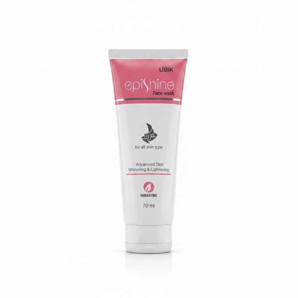 Front view of UBIK Epishine Face Wash 70ml pink and white tube featuring paraben free seal and skin brightening label.