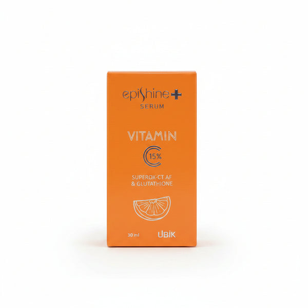 Front view of orange box packaging for UBIK Epishine Plus Vitamin C 15 percent serum with Superox-C AF and Glutathione.