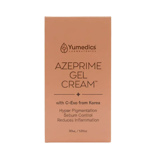 Front view of the minimalist peach-colored Yumedics Laboratories AZEPRIME Gel Cream outer packaging box showing text for C-Exo from Korea, hyper pigmentation, and sebum control.