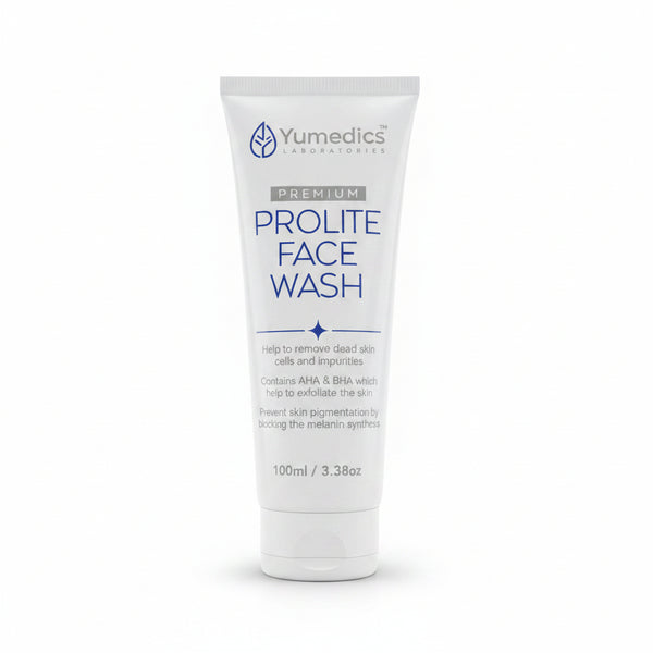 Front view of Yumedics Premium Prolite Face Wash tube 100ml box highlighting AHA and BHA exfoliating features.