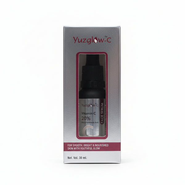 Front packaging of Yuzglow-C 20% Vitamin C Face Serum for bright skin.